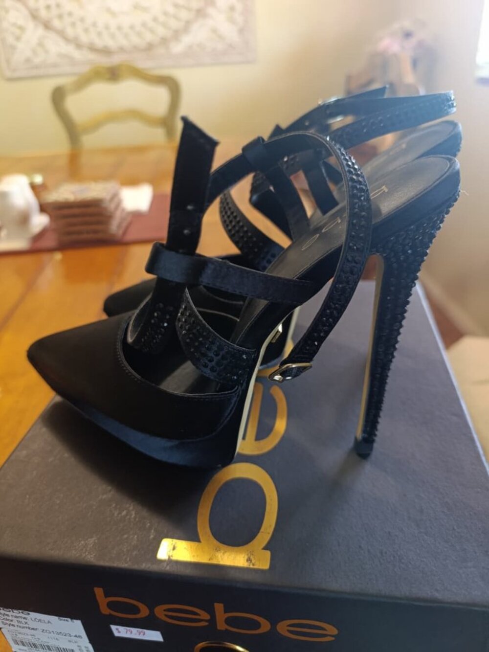 bebe Loela Black Rhinestone Platform Heels Size 8